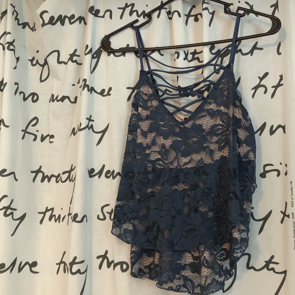 Express Blue Lace Criss Cross Blouse